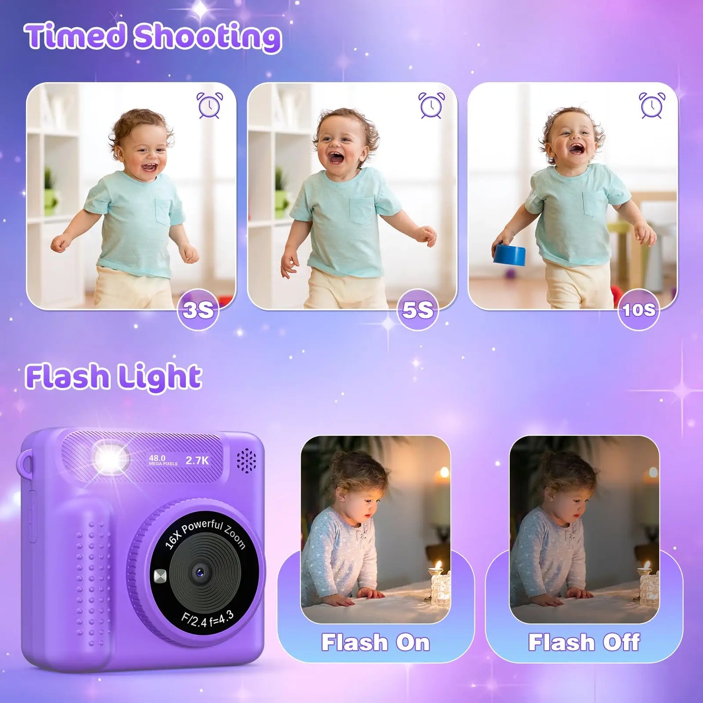 VATOS Instant Print Camera-2.4 inch Digital Camera Rechargeable Portable with Frame Printing Paper Birthday Gift for kids Purple