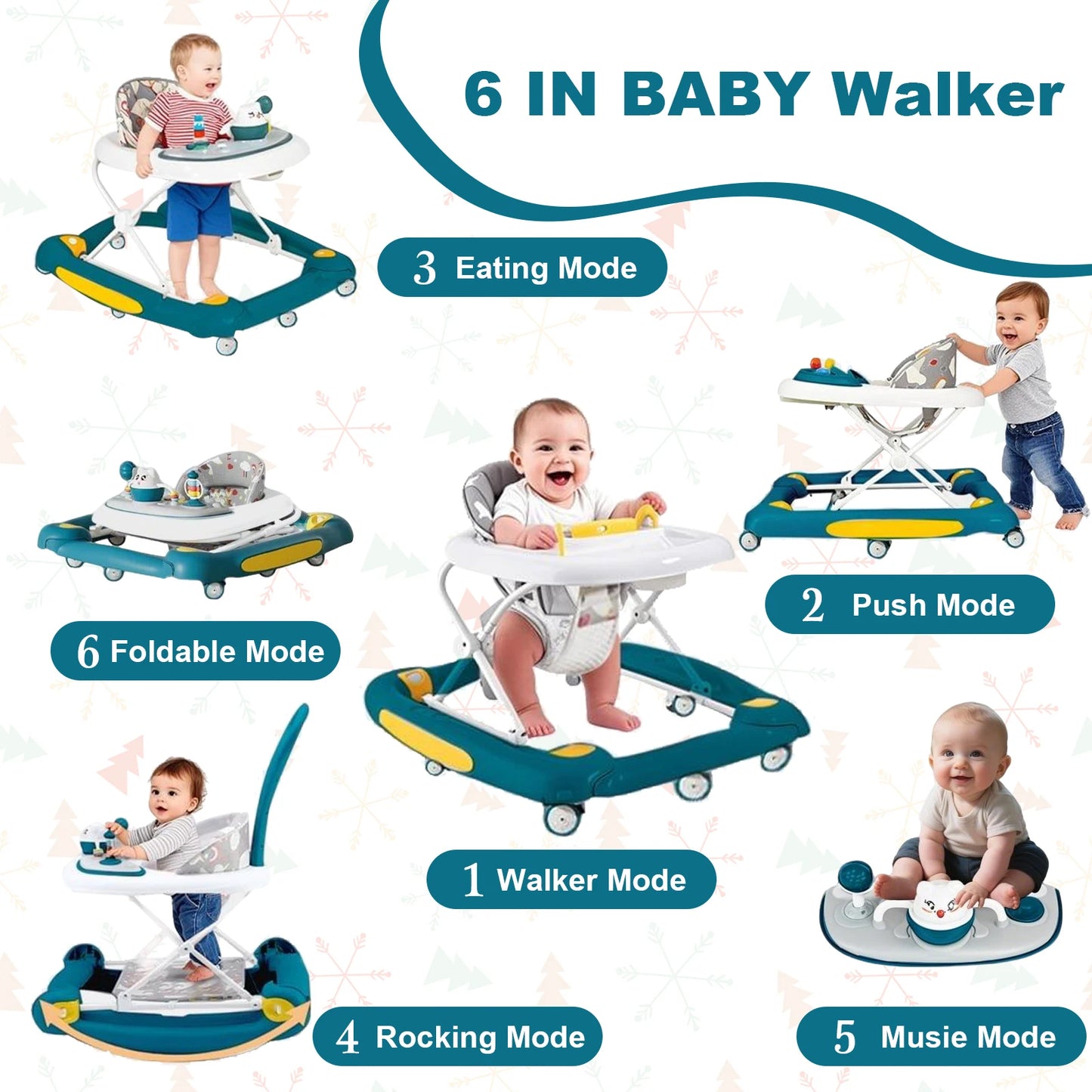 4 in 1 Folding Baby Walker Activity Walker With Music Toys Adjustable Height & Speed Safety Bumper Infant Walker Anti-Rollover