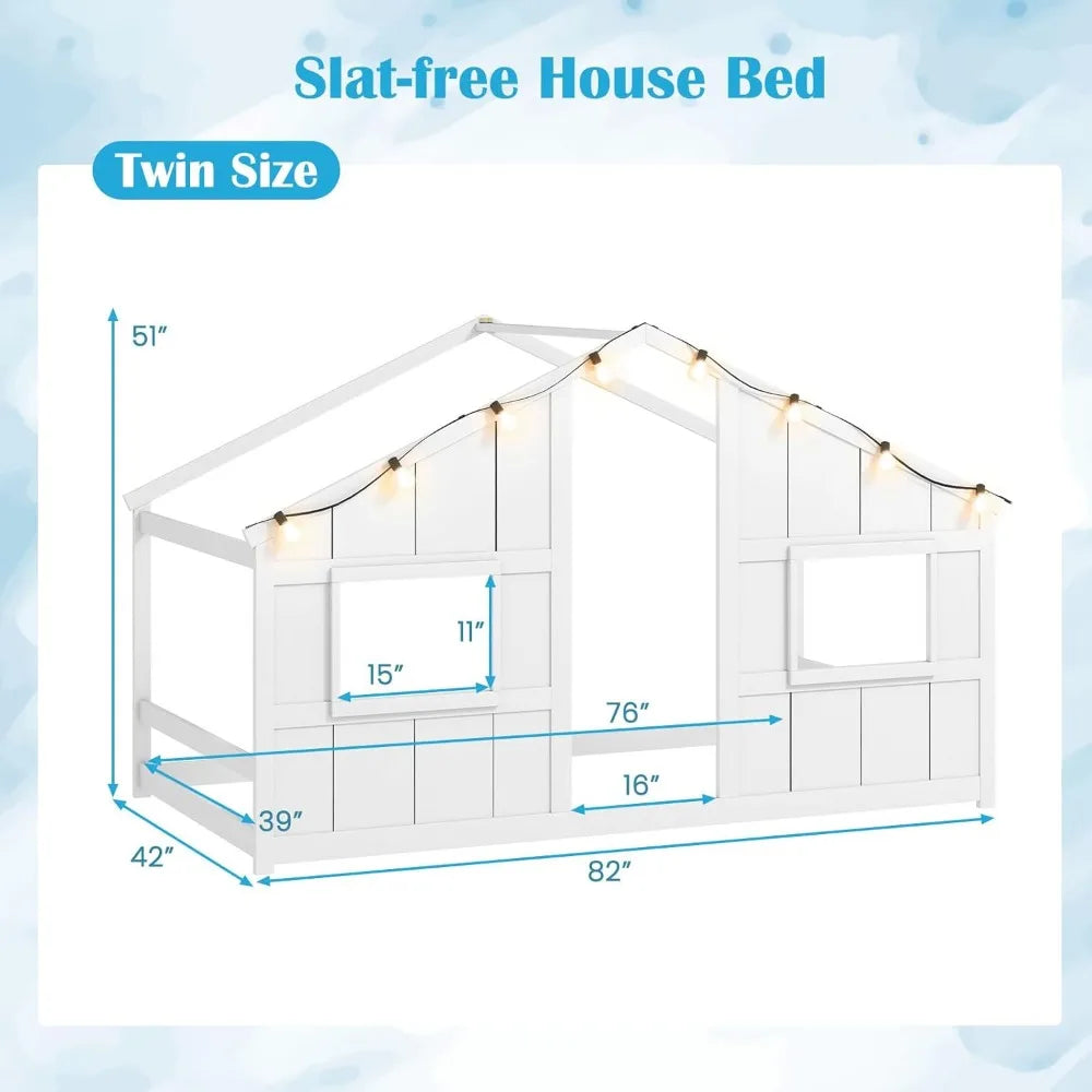 Twin Kids House Bed with Light Bulbs, Wooden Montessori Floor Bed Frame with Roof & Windows, Twin Floor Bed for Kids Boy
