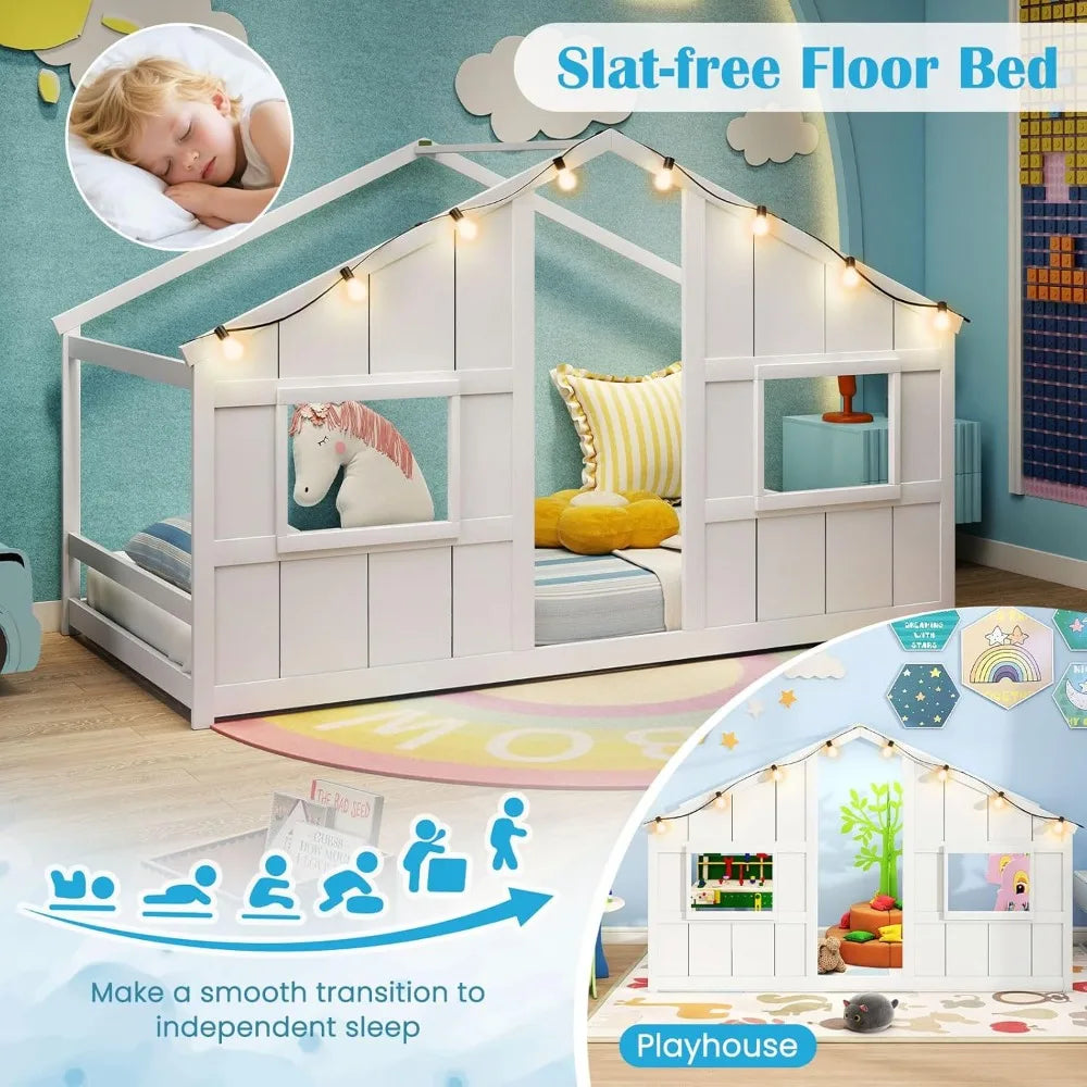Twin Kids House Bed with Light Bulbs, Wooden Montessori Floor Bed Frame with Roof & Windows, Twin Floor Bed for Kids Boy