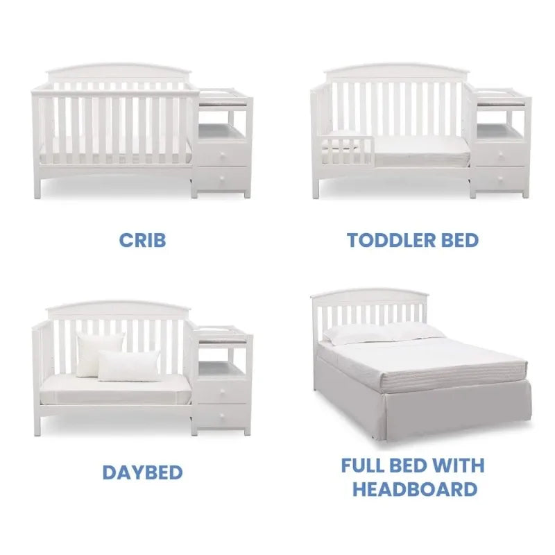 3-in-1 Convertible Crib with Changer, White Baby Nursery Furniture for Newborn to Toddler