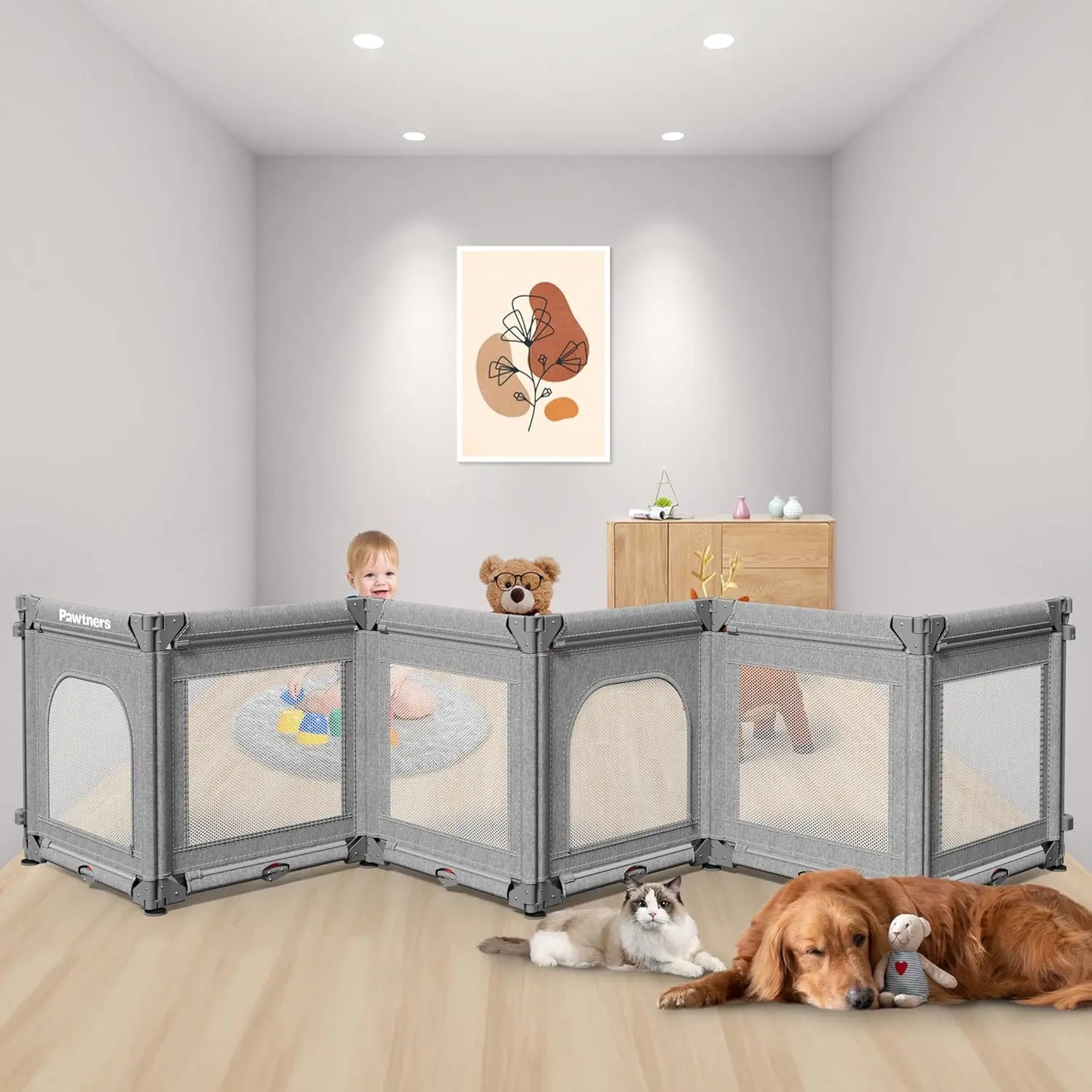 Foldable Dog Gate for Stairs, 168" W x 28" H Pet Gate for Doorways, 6 Panels Baby Gates Indoor Baby Play Fence, Grey