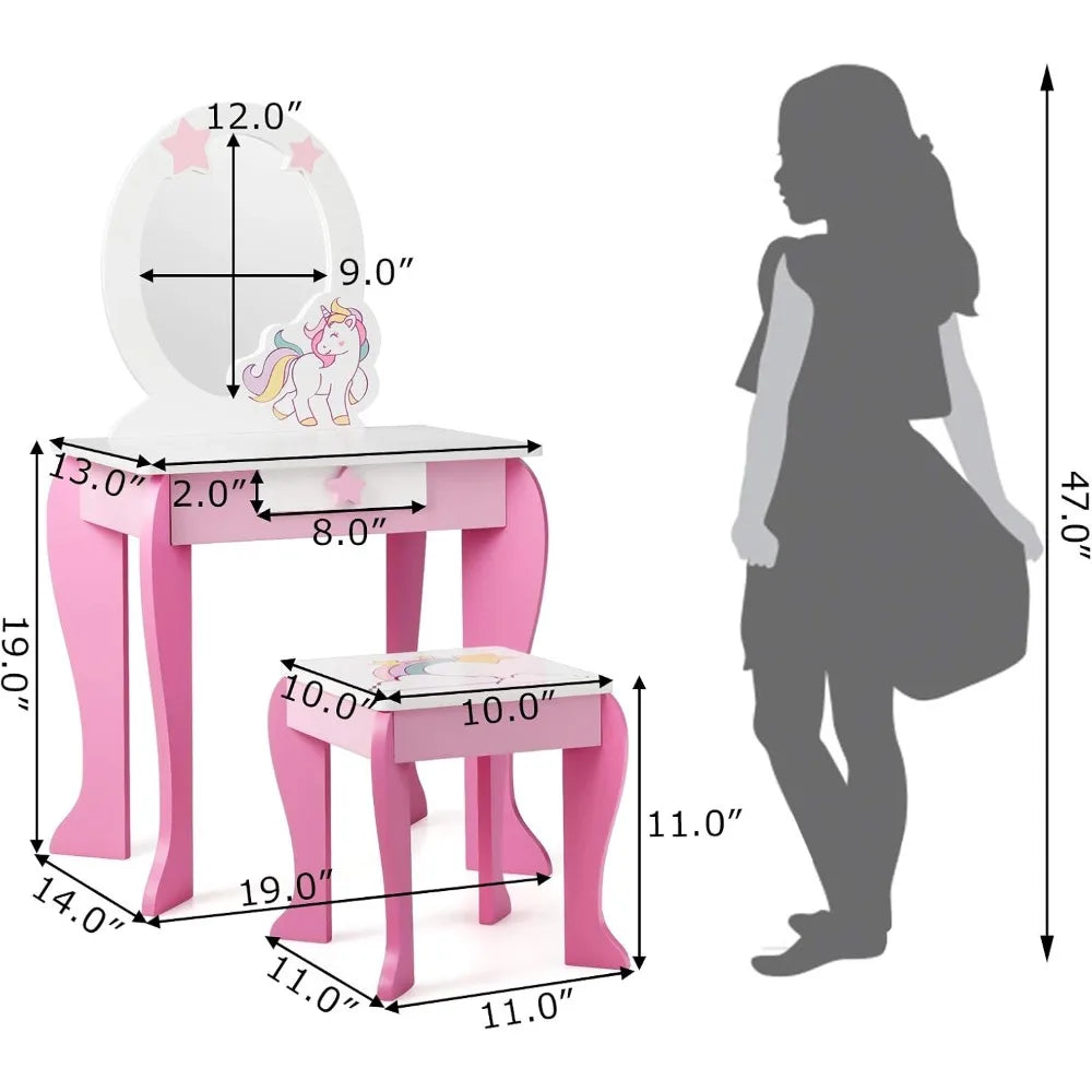 Wooden 2-in-1 Princess Vanity Set for Toddler Girls with Detachable Mirror and Dressing Table