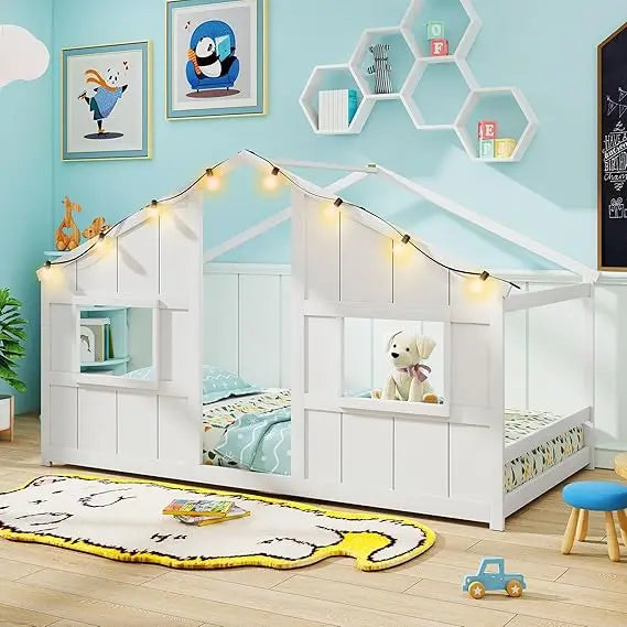 Twin Kids House Bed with Light Bulbs, Wooden Montessori Floor Bed Frame with Roof & Windows, Twin Floor Bed for Kids Boy