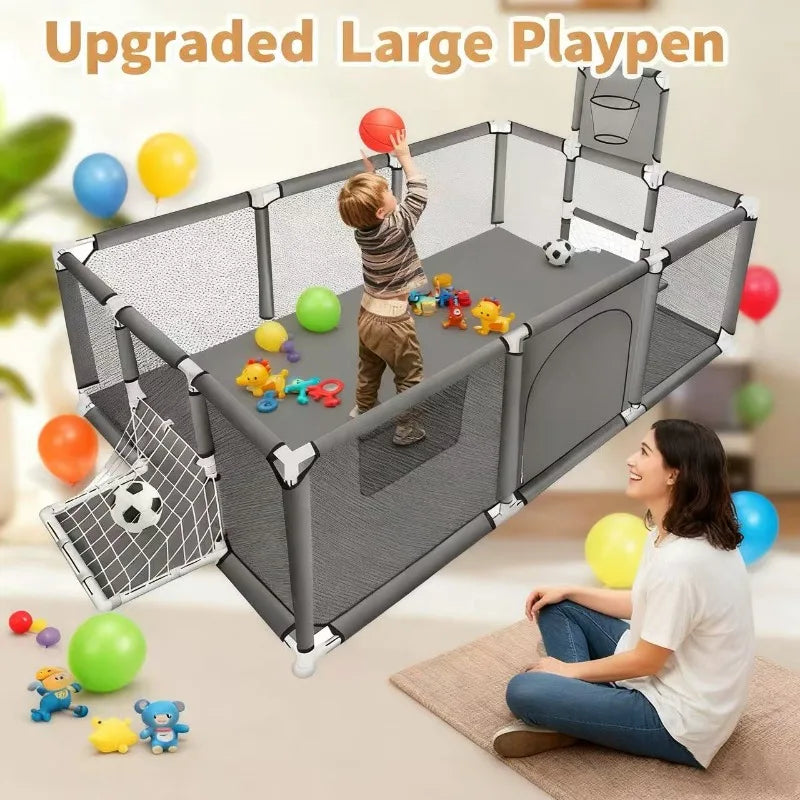 IMBABY Playpen for 0-6Y Large Safety Play Yard Indoor/Outdoor Kids Play Area with Pull tab Playground Dry Ball Pool