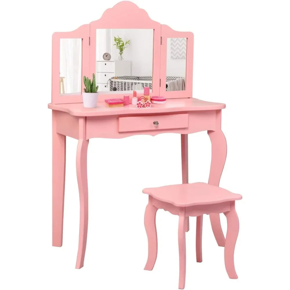Kids Wooden Vanity Table & Stool Set, 2 in 1 Detachable Design with Dressing Table and Writing Desk, Princess Makeup Dressing T