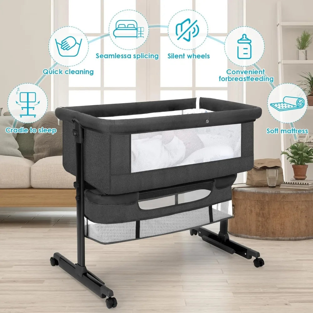 Baby Bassinet, Baby Basinet Bedside Sleeper, Easy to Fold Portable Crib Side Bassinet 2025new Style Girl/boy bassinets (Dark Gra