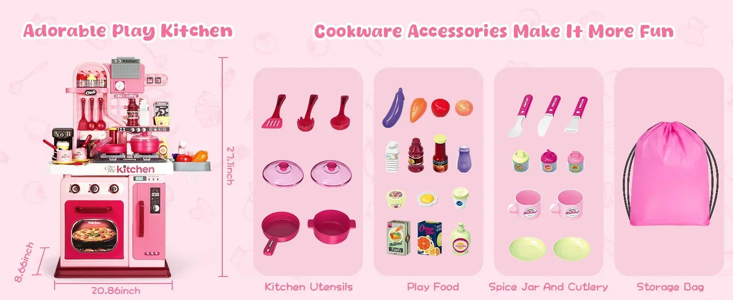 Kids Kitchen Playset ，Kitchen Set for Toddlers 1-3 3-5, Cooking Stove, Play Sink and Kitchen Accessories, Toy Kitchen (Pink)