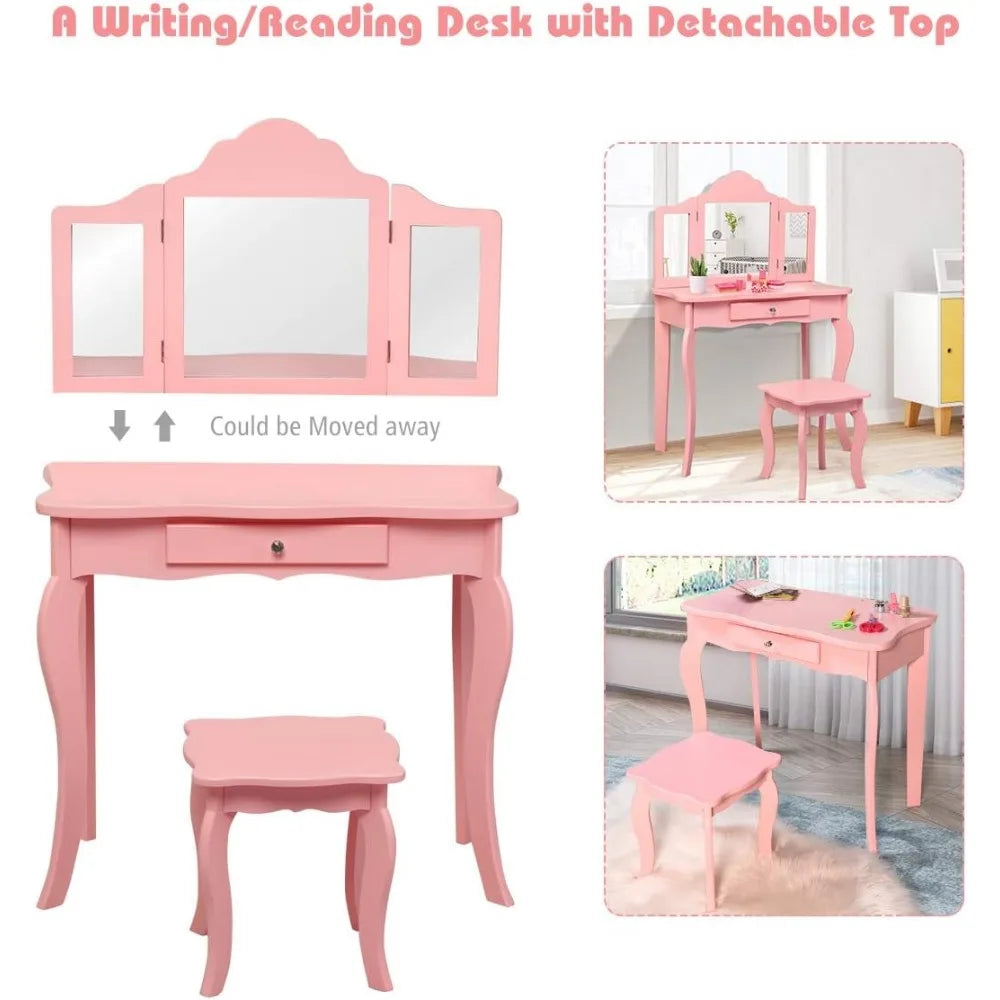 Kids Wooden Vanity Table & Stool Set, 2 in 1 Detachable Design with Dressing Table and Writing Desk, Princess Makeup Dressing T