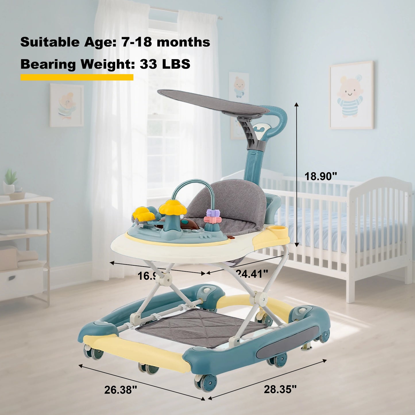 4 in 1 Folding Baby Walker Activity Walker With Music Toys Adjustable Height & Speed Safety Bumper Infant Walker Anti-Rollover