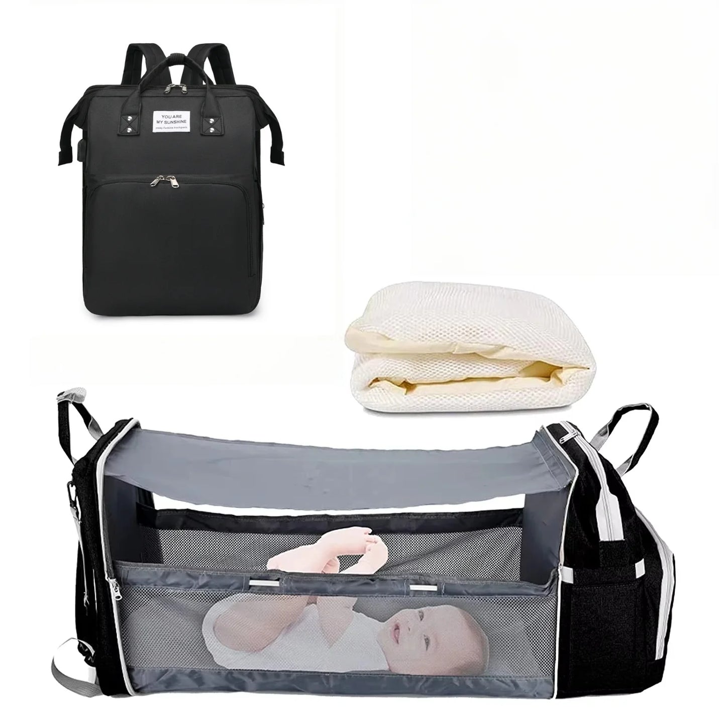 3 In 1 Diaper Bag Backpack Foldable Baby Bed Waterproof Travel Bag with USB Charge Diaper Bag Backpack with Changing Bed 3 types